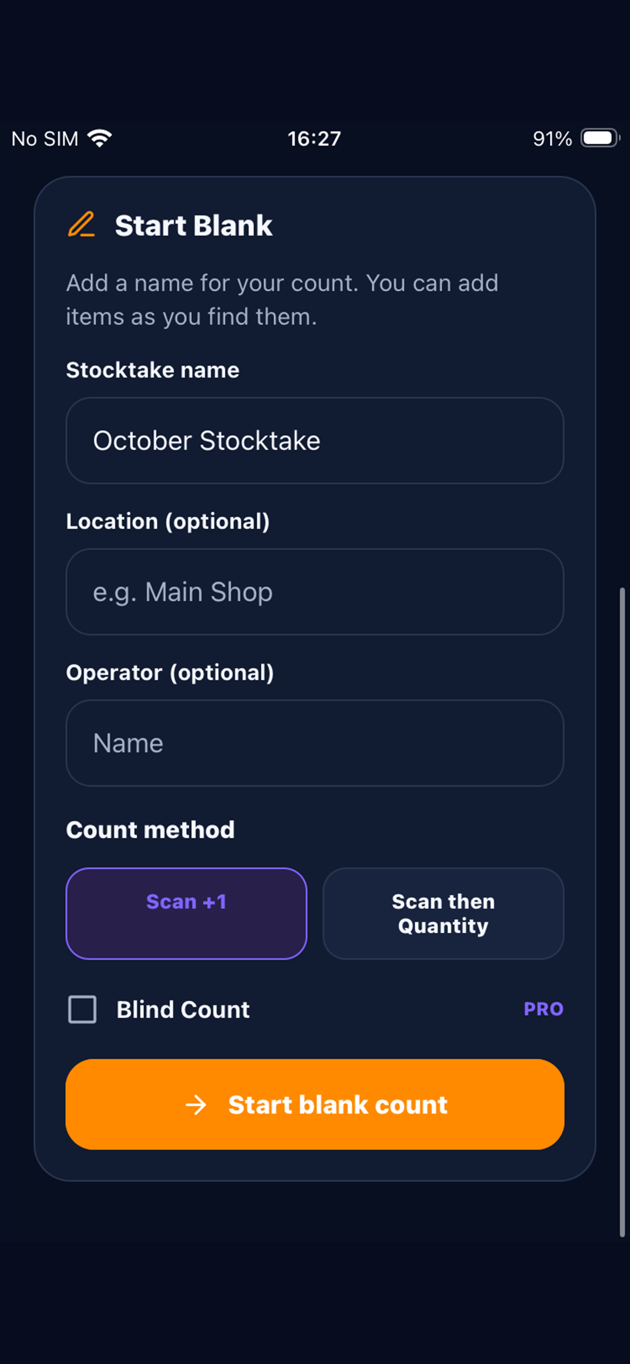 CountGrid blank stocktake options with Scan +1, Scan then Quantity, and Blind Count.