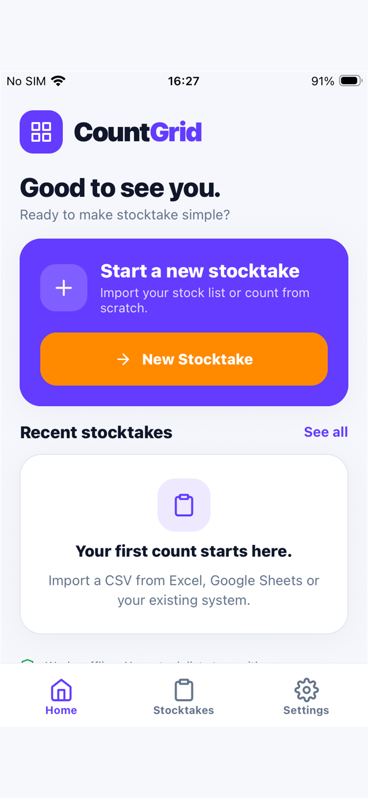 CountGrid home screen with a new stocktake action and recent stocktakes.