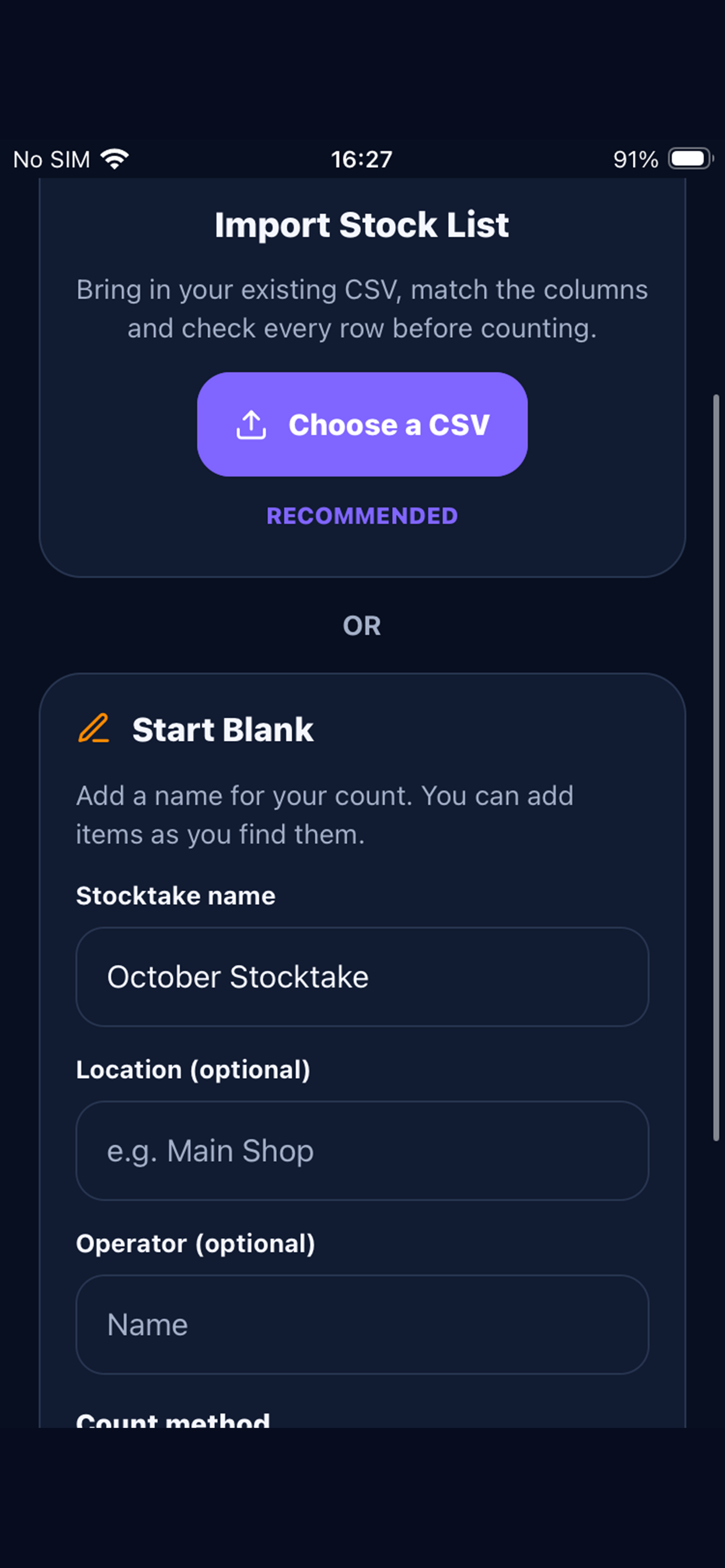 CountGrid import screen showing the option to choose a CSV and create a blank stocktake.