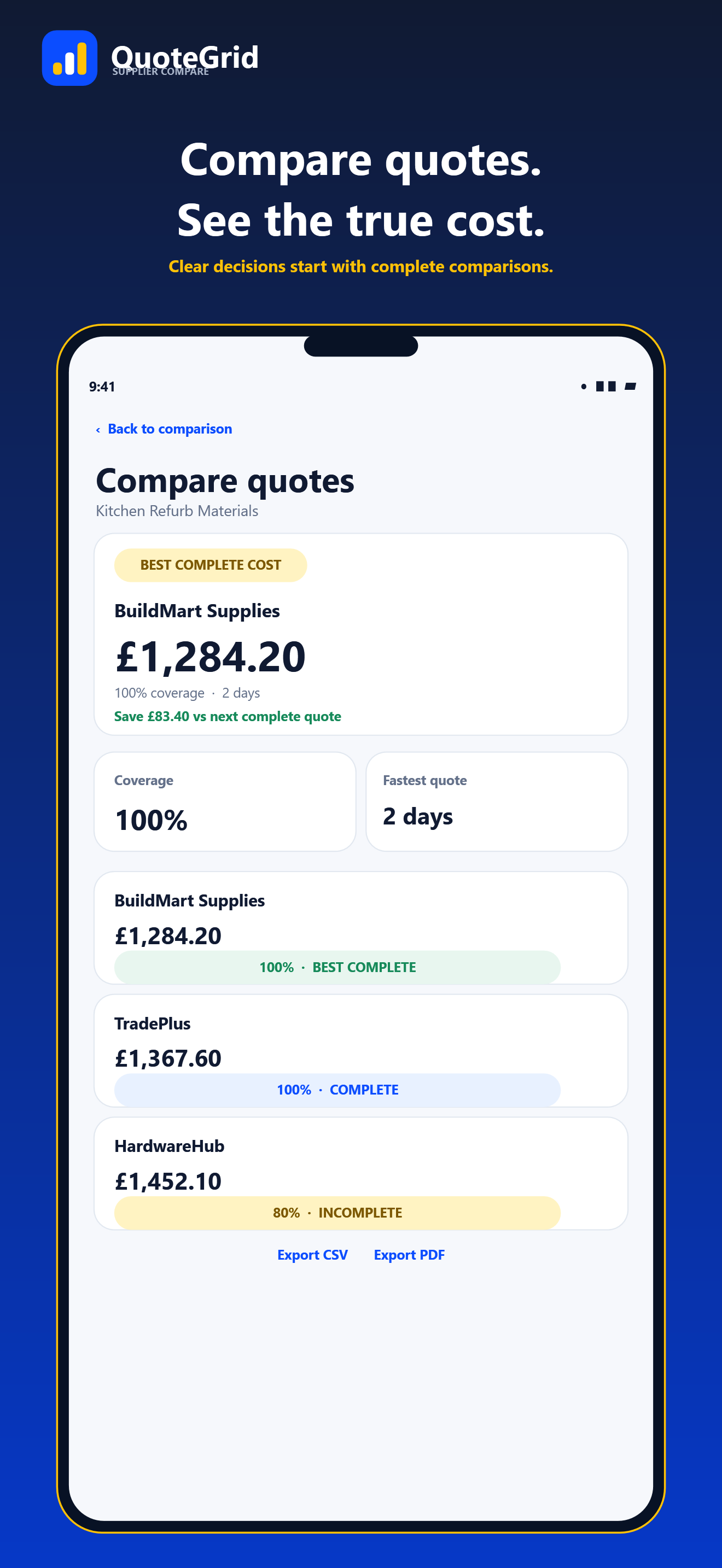 Promotional QuoteGrid artwork showing a supplier comparison with totals, coverage and lead-time summaries.