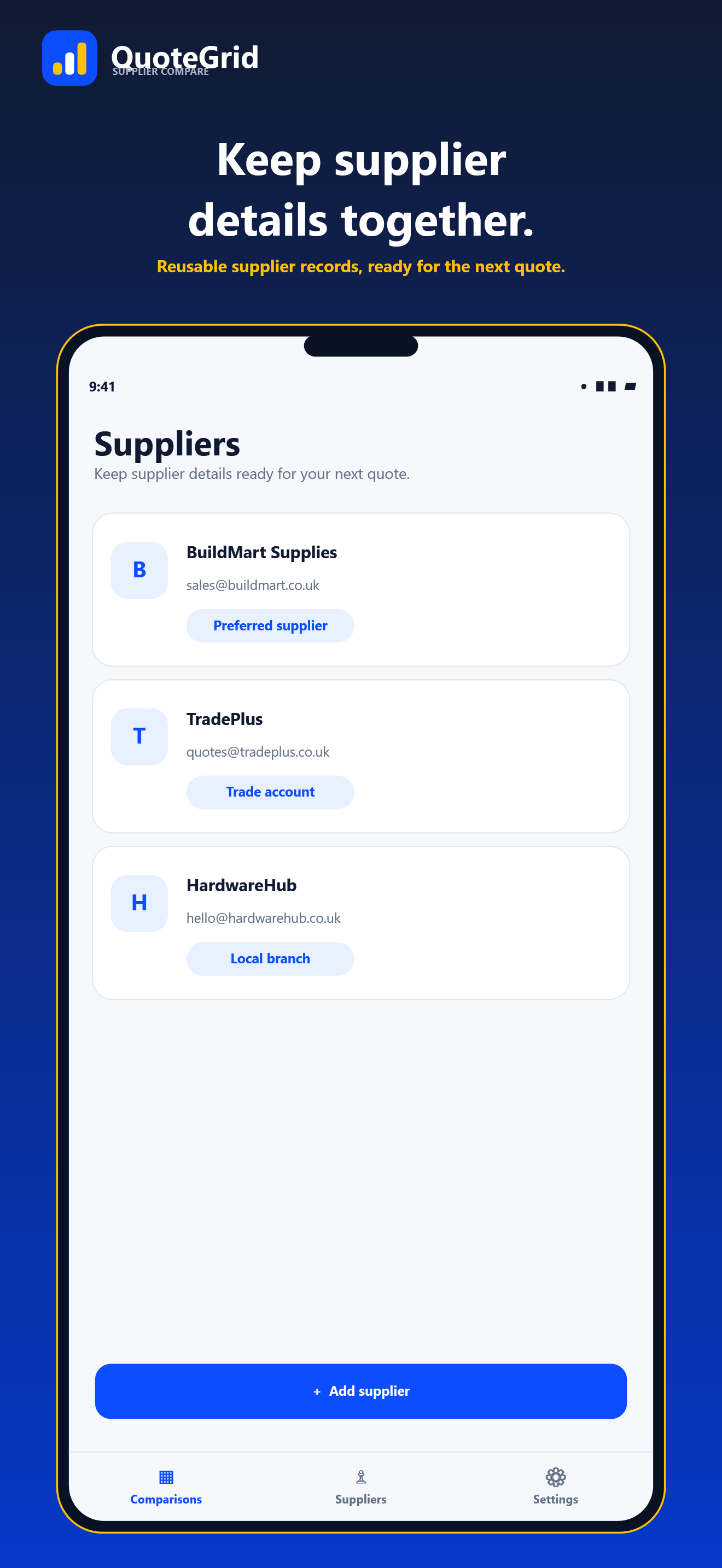 Promotional QuoteGrid artwork showing saved supplier records and contact details.