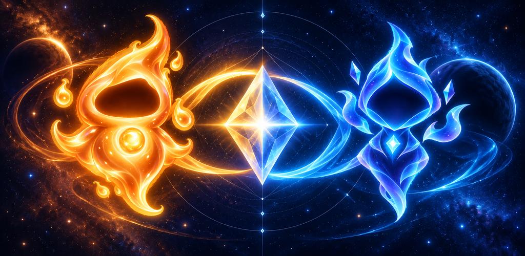 Luma and Nyx face each other across a luminous star at the centre of two cosmic worlds